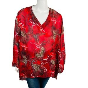 Maggie Barnes Womans Sz 32W Red Vintage Blouse 3/4 Sleeve V Neck